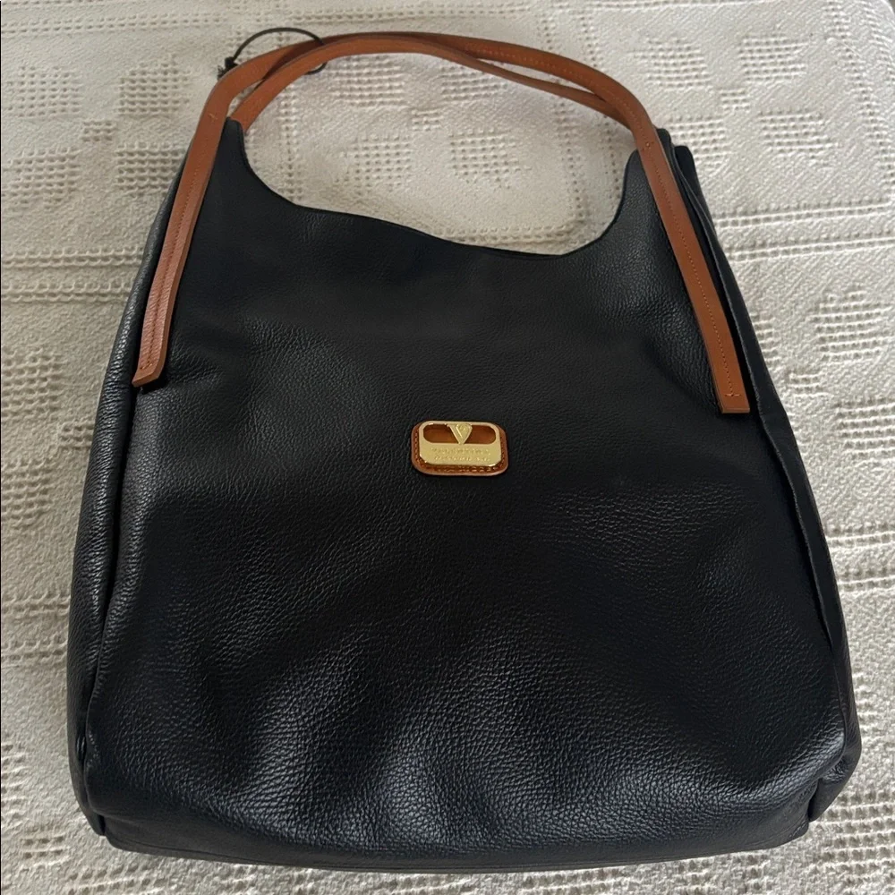 Valentina‎ Black and Tan Pebbled Leather Tote Shoulder Bag